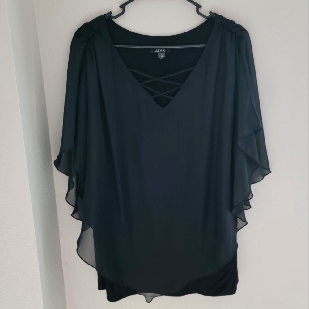 Sheer Flutter Sleeve Overlay Plus Blouse Top